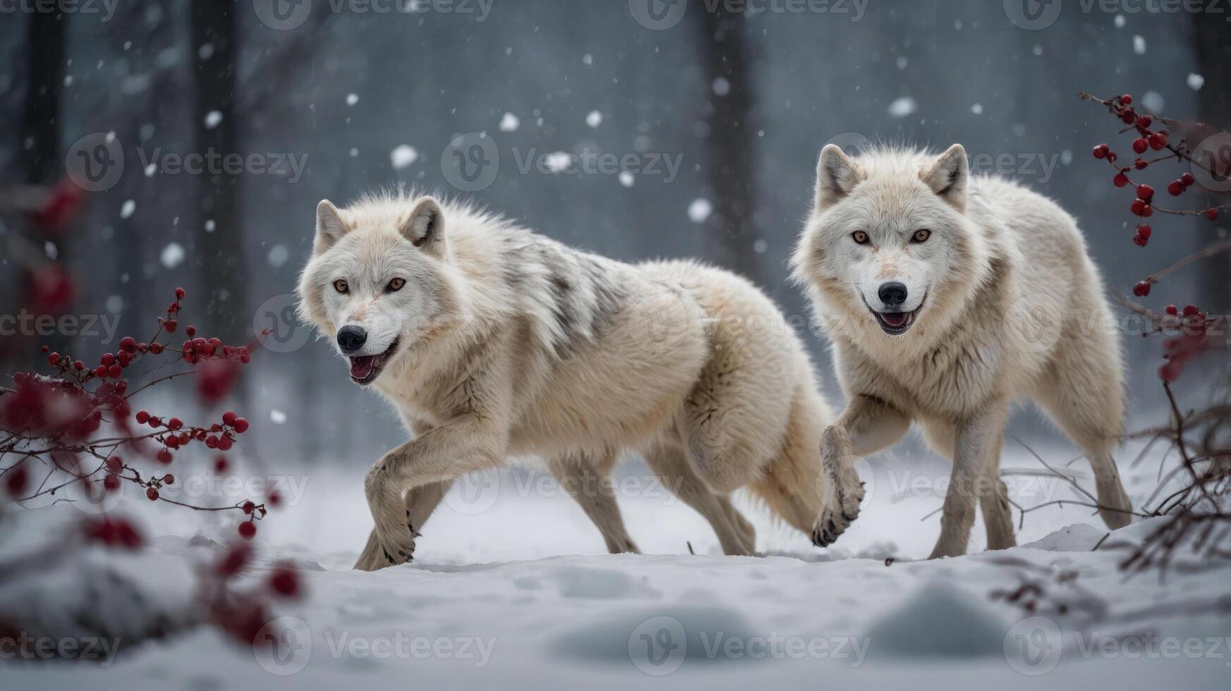 Two white wolves walking through a snowy landscape with falling snowflakes and red berries. photo