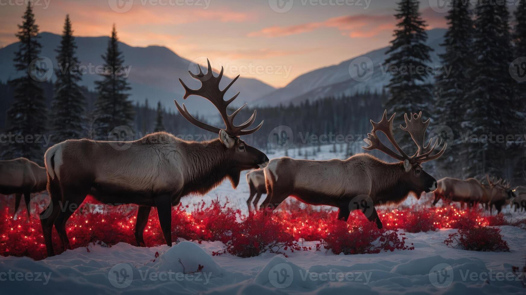 A serene winter landscape featuring elk grazing amidst red foliage and snow at sunset. photo