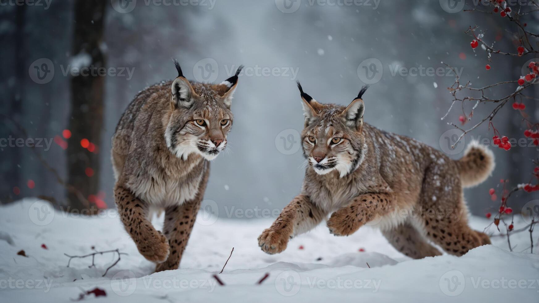 Two lynxes running through a snowy forest, creating a dynamic winter wildlife scene. photo