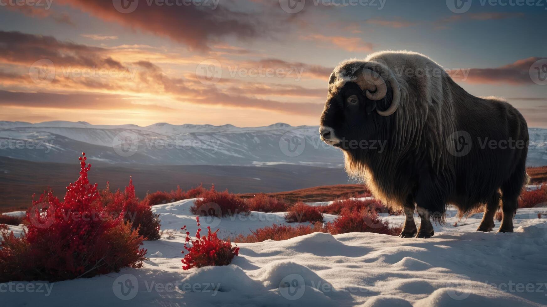 A musk ox stands in a snowy landscape during sunset, surrounded by vibrant red foliage. photo