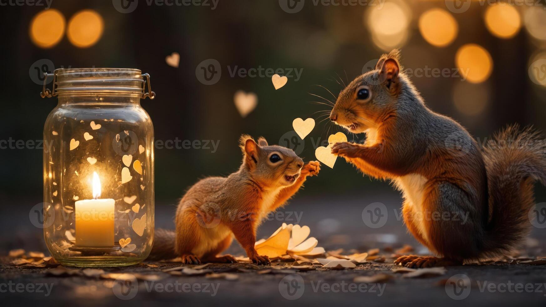 Two squirrels sharing a moment near a candlelit jar, surrounded by heart-shaped decorations. photo