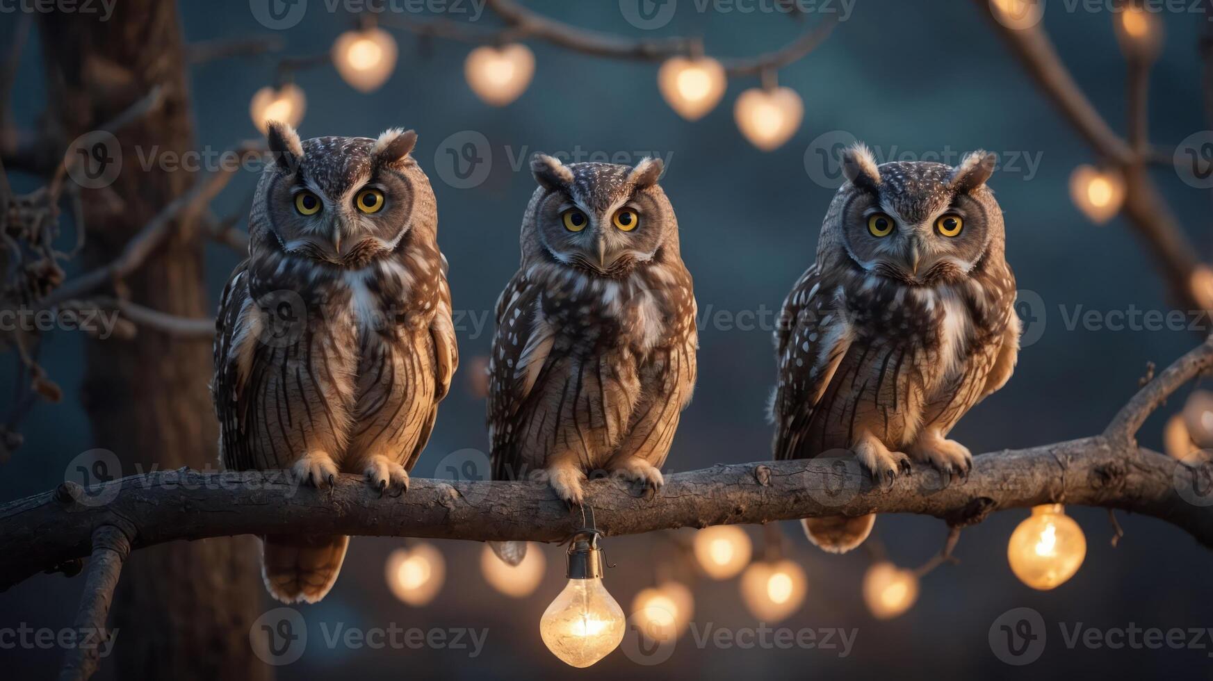 Three owls perched on a branch with glowing heart-shaped lights. photo