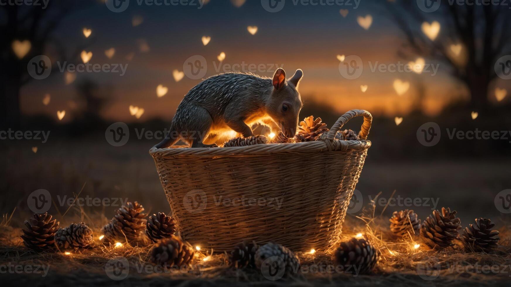 A cute animal explores a basket filled with pinecones, surrounded by glowing lights and hearts. photo