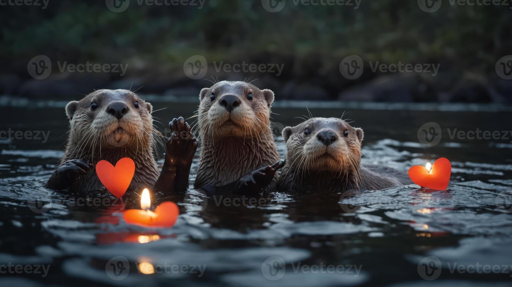Three otters in water with floating hearts and candles, creating a whimsical, romantic scene. photo