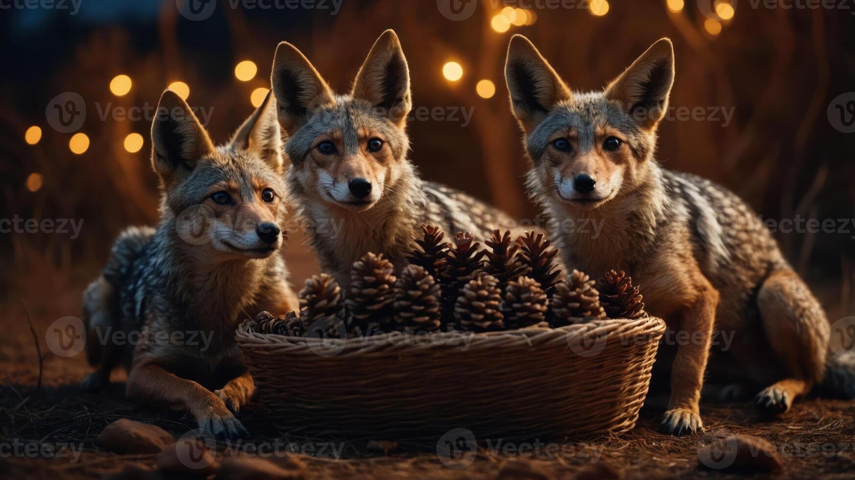 Three foxes gathered around a basket of pine cones in a warm, festive setting. photo