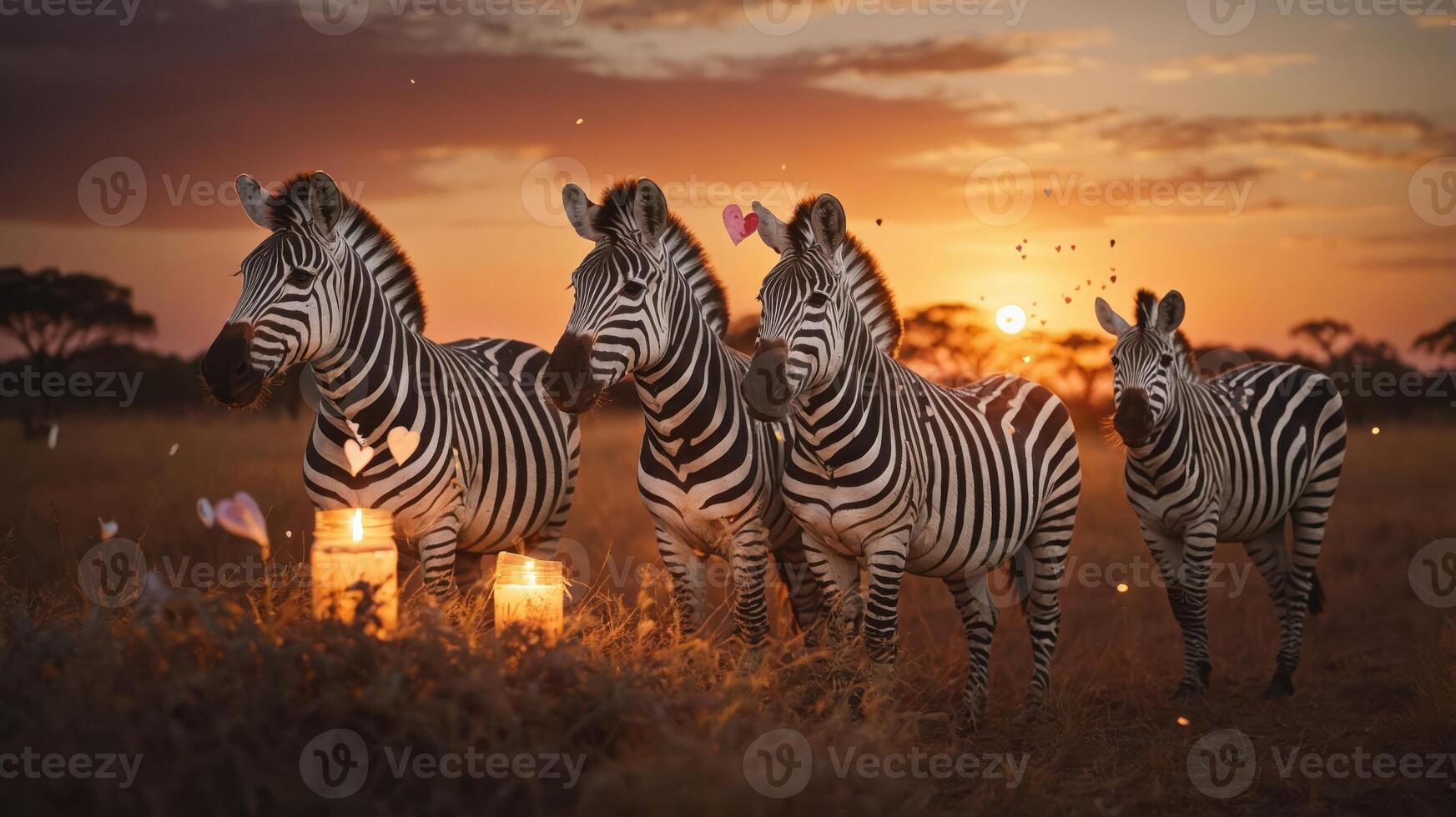 Four zebras standing in a sunset landscape with candles, creating a serene atmosphere. photo