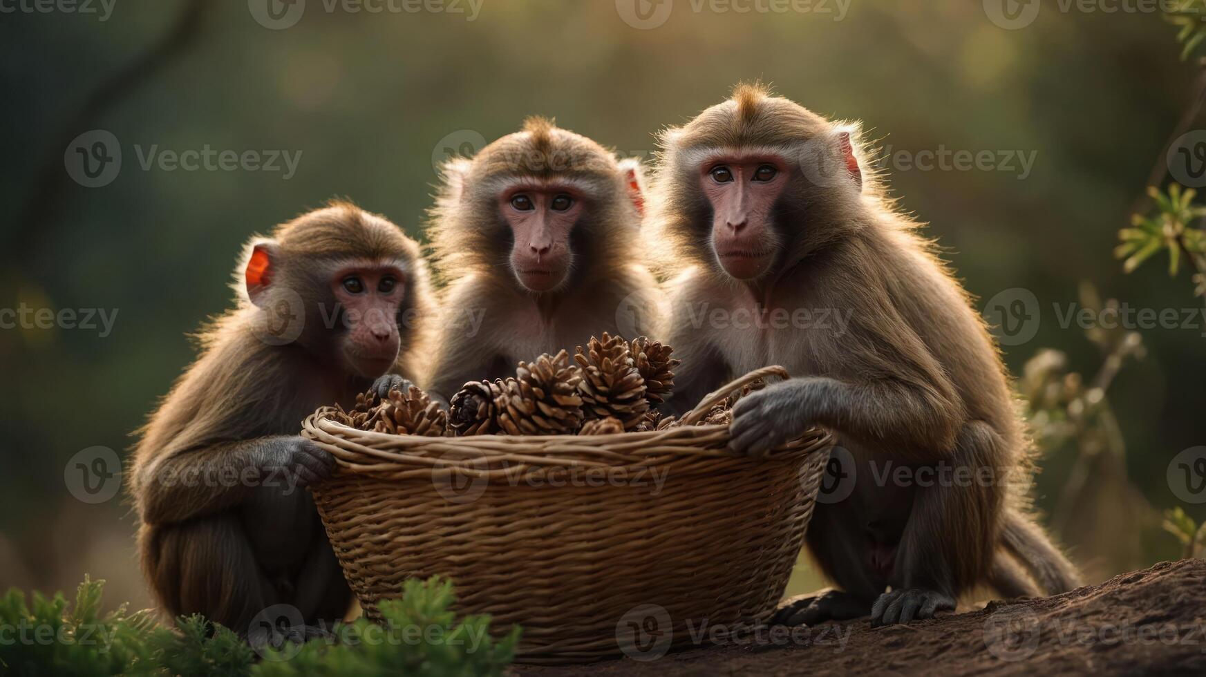 Three monkeys sitting together with a basket of pinecones in a natural setting. photo