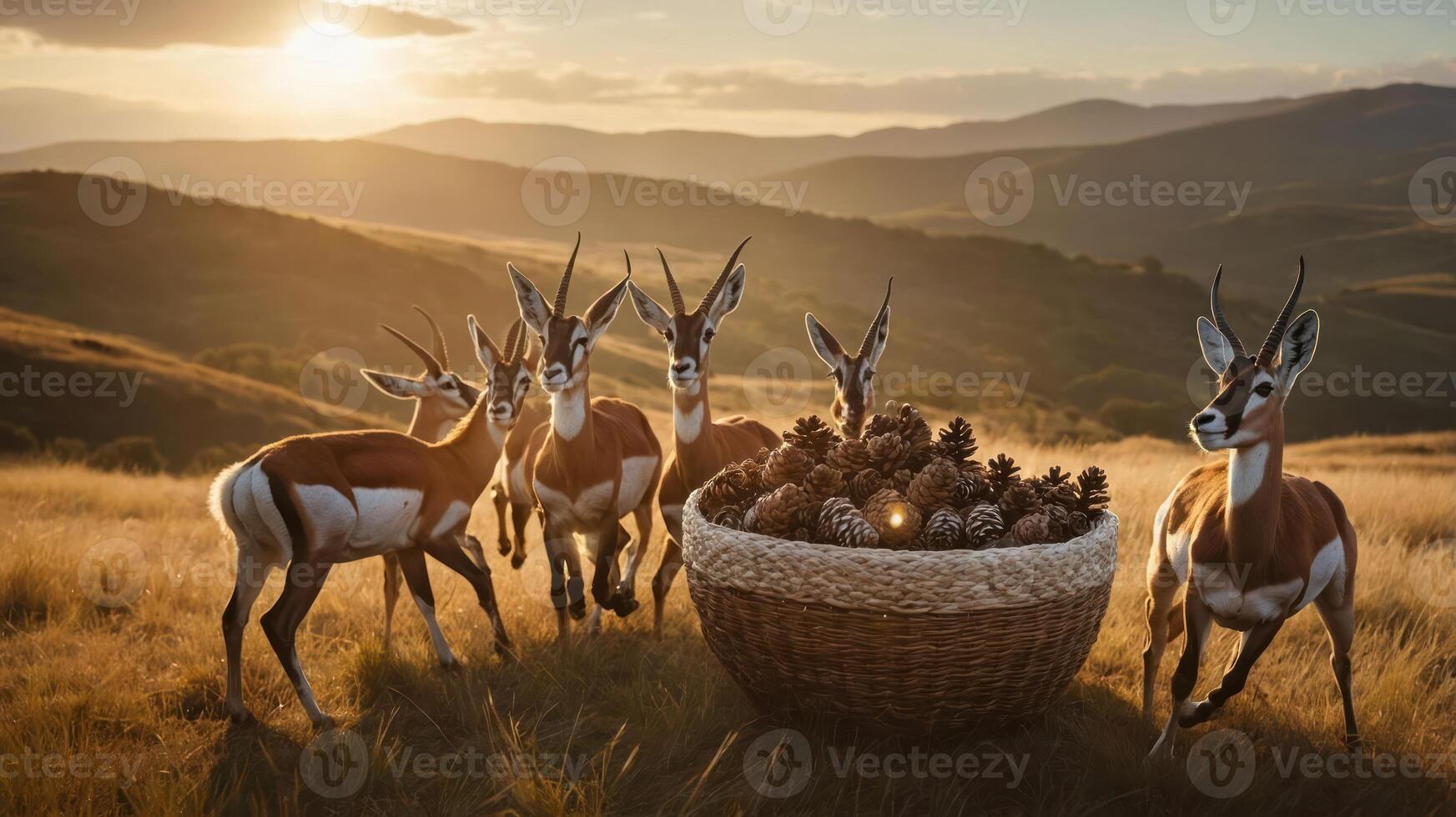 A group of antelopes gathered around a large basket filled with pinecones at sunset. photo