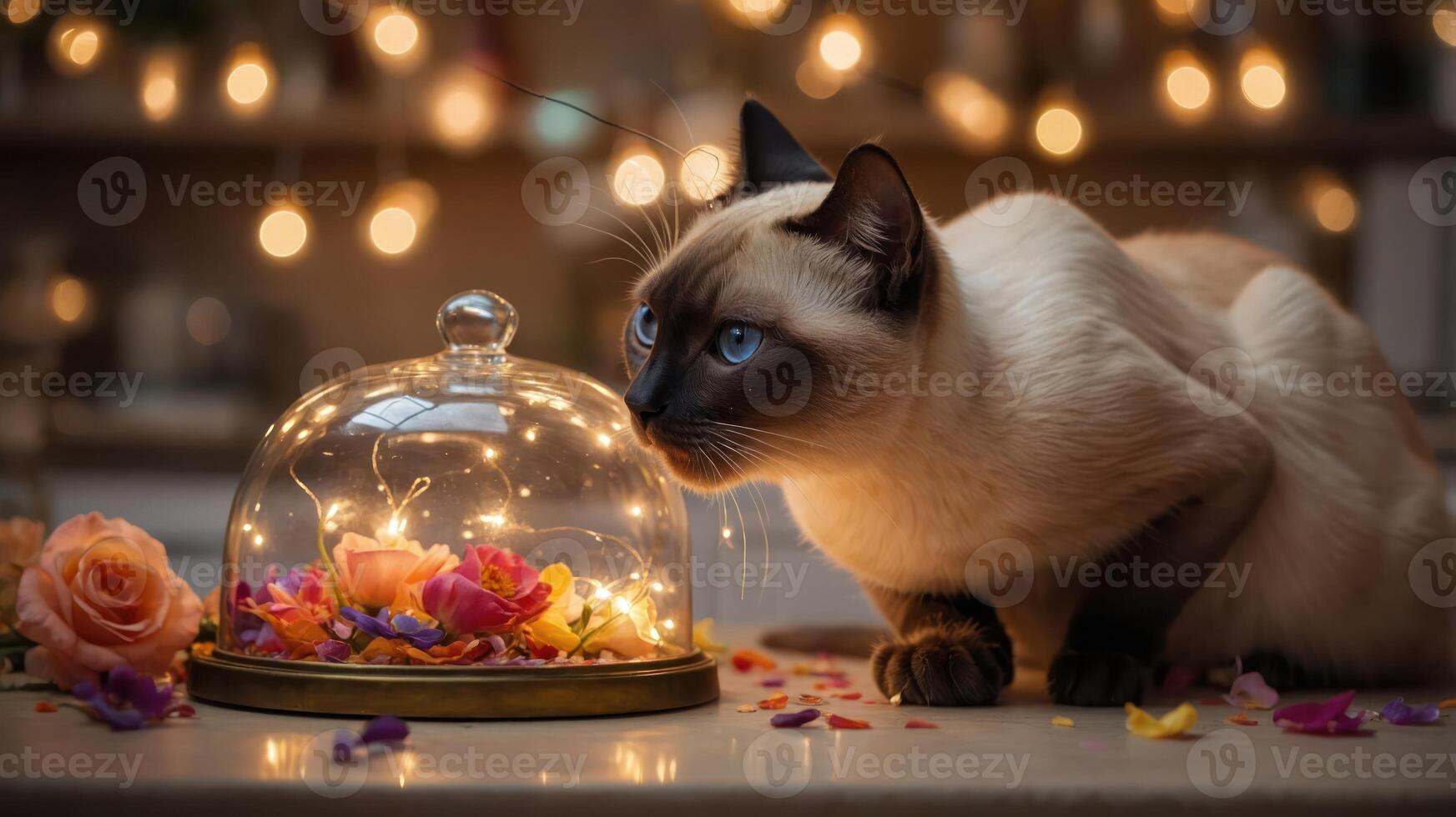 A Siamese cat curiously gazes at a glass dome filled with flowers and soft lights. photo