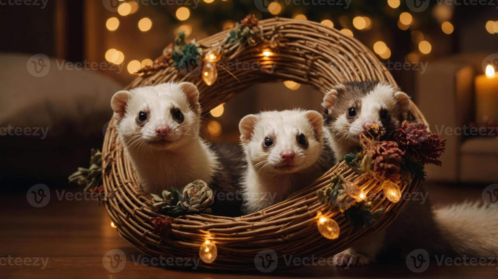 Three ferrets nestled in a festive wreath with lights and decorations. photo