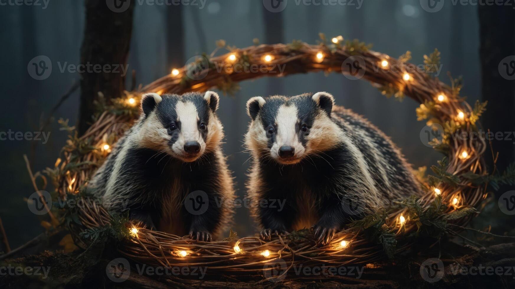 Two badgers surrounded by a wreath with lights in a misty forest setting. photo