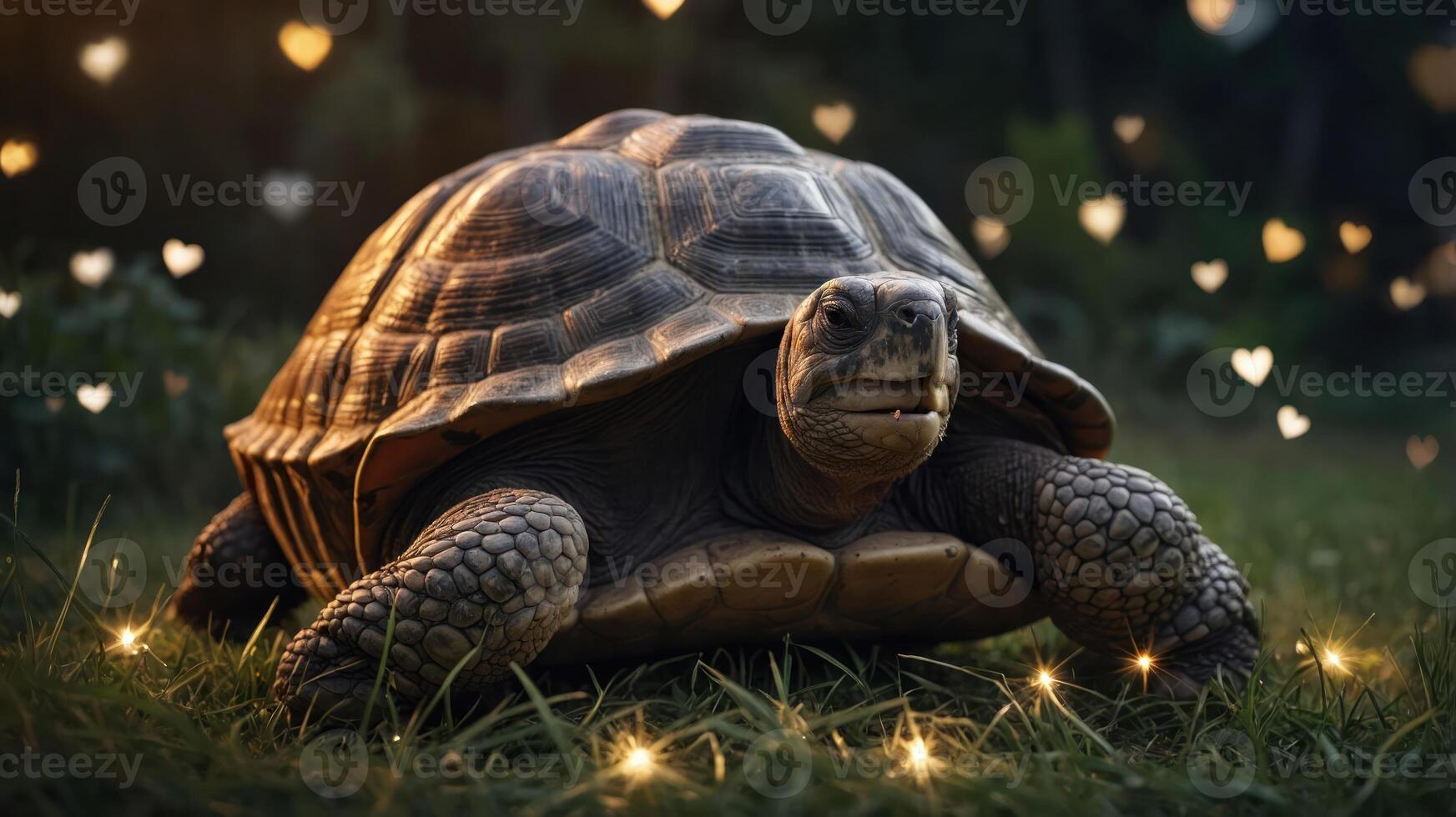 A tortoise on grass surrounded by glowing hearts, creating a whimsical atmosphere. photo