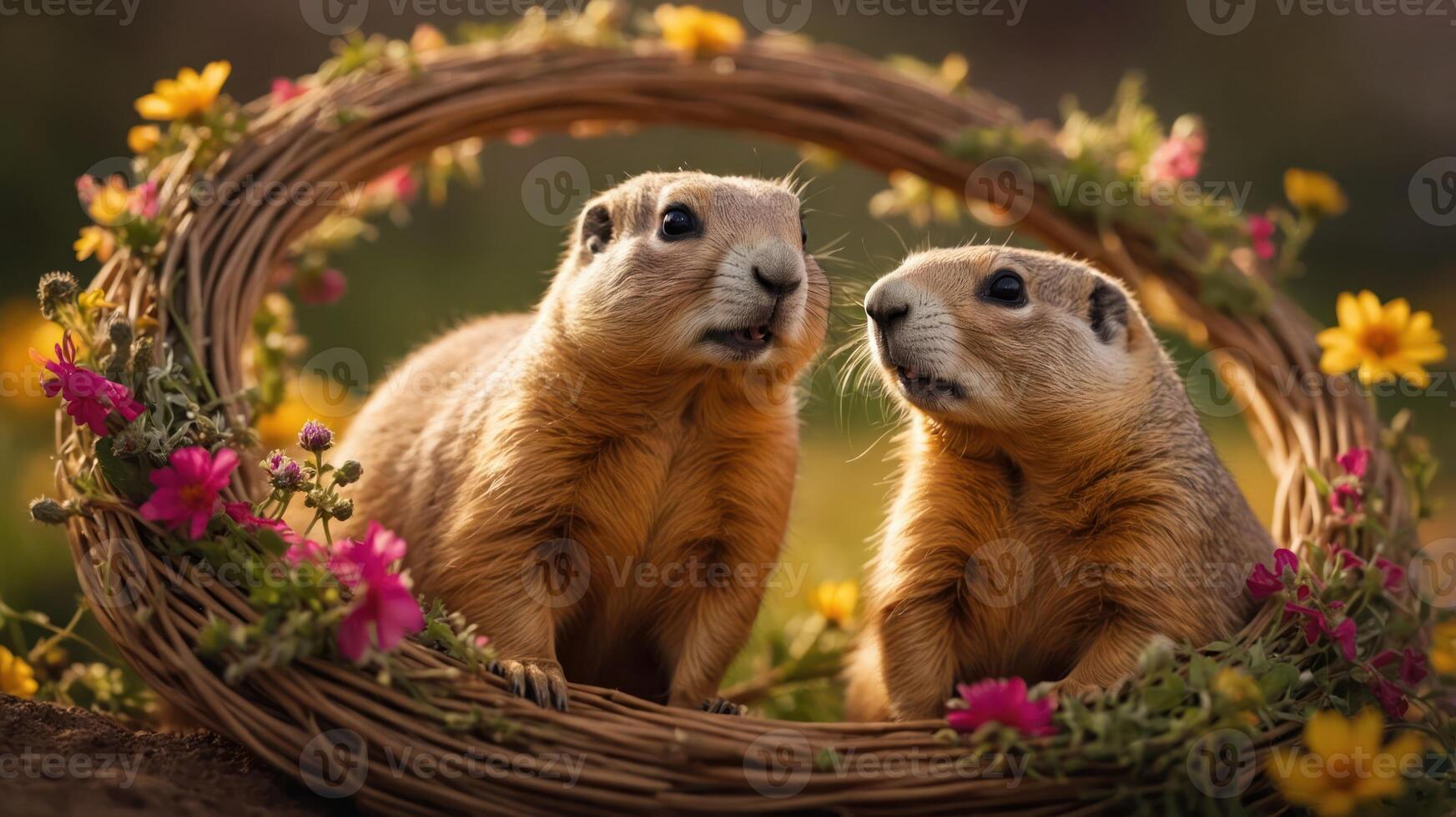 Two prairie dogs surrounded by flowers in a decorative wreath. photo