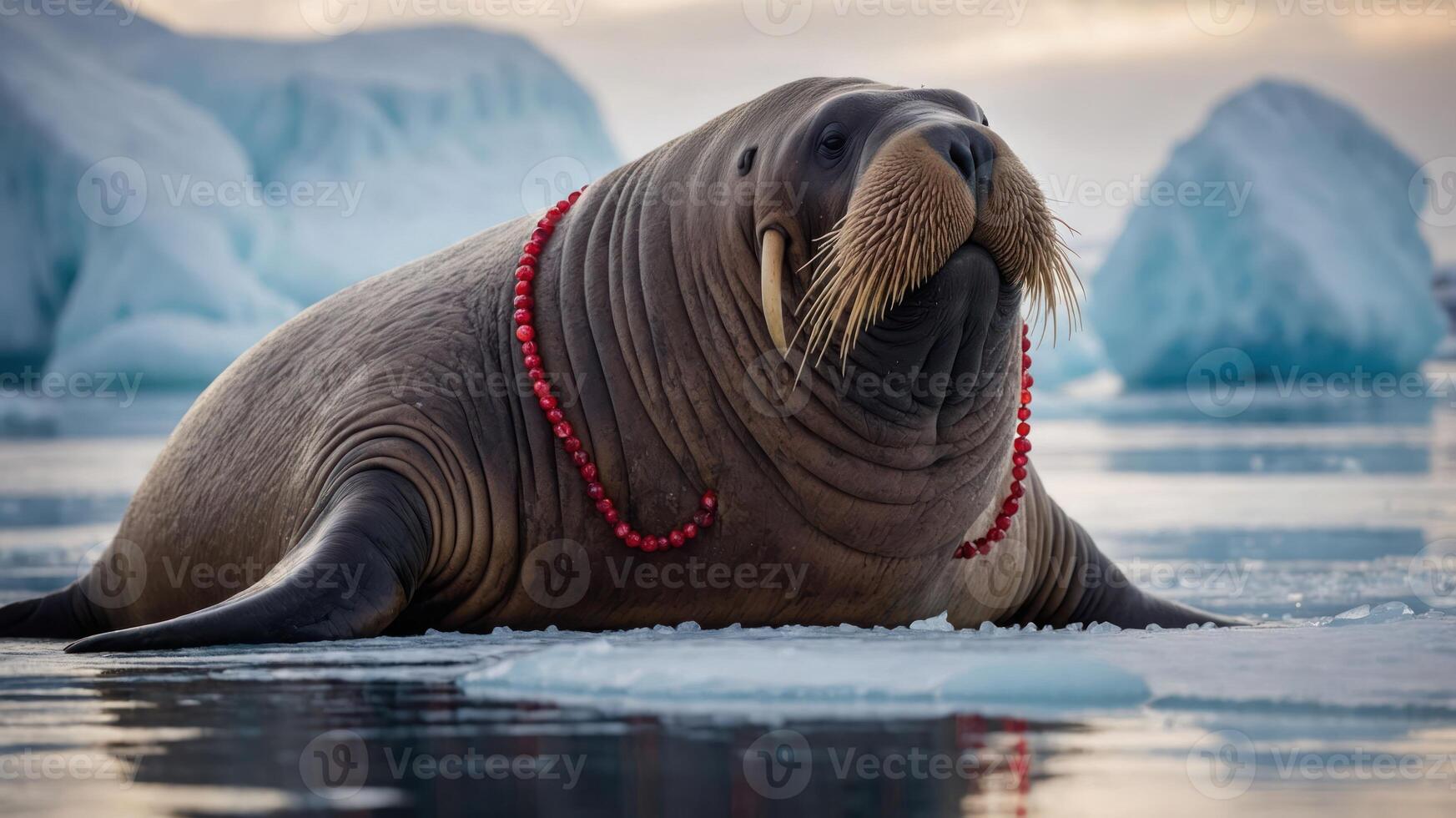 A walrus adorned with red beads rests on ice in a serene Arctic landscape. photo