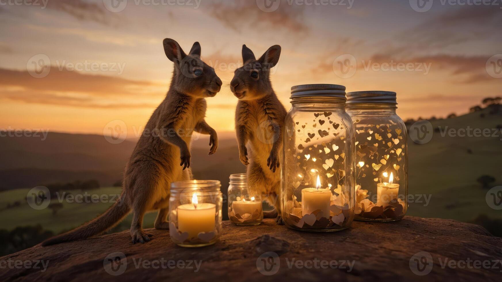 Two kangaroos near illuminated jars at sunset, creating a warm, tranquil atmosphere. photo