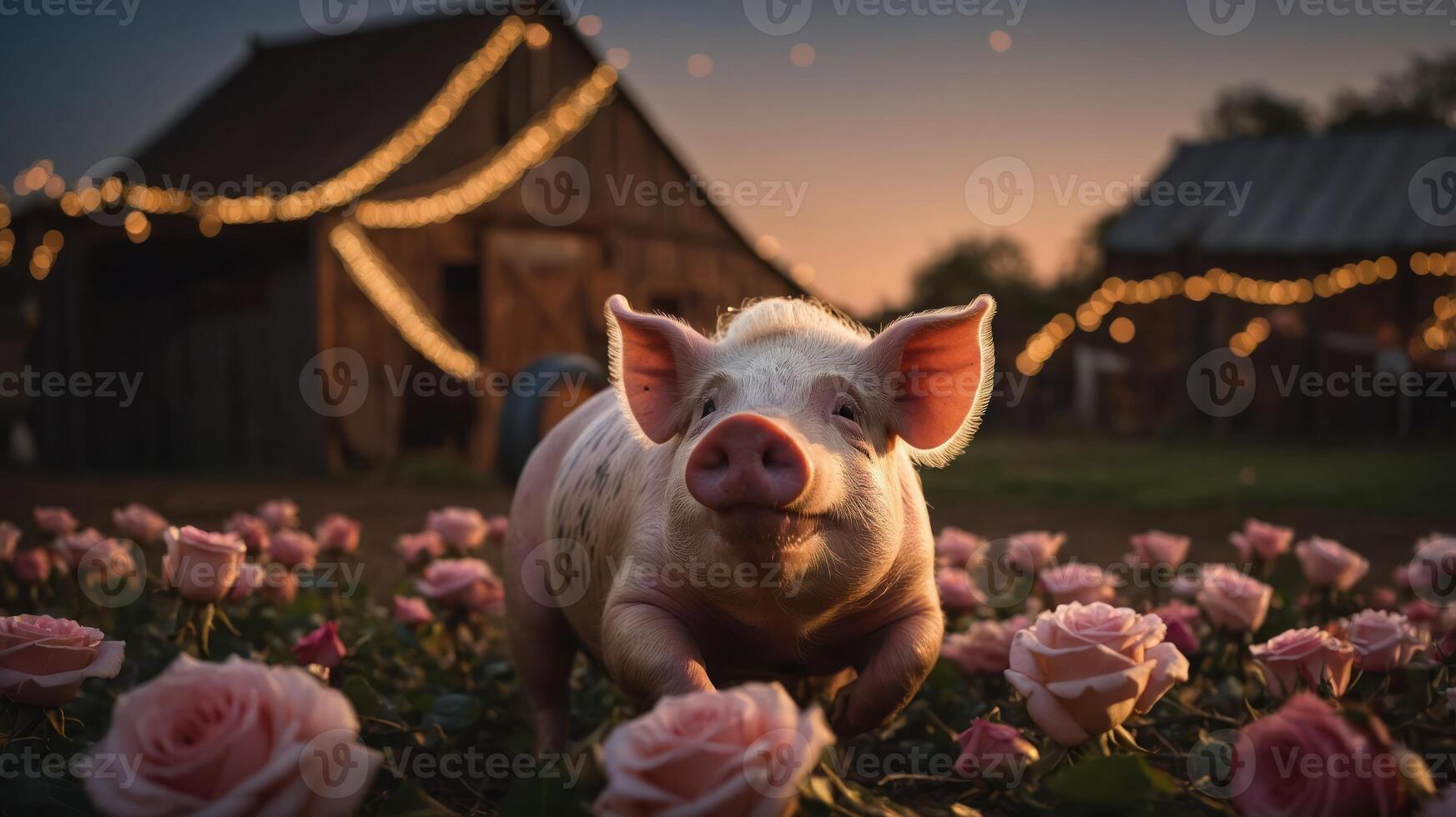 A playful pig surrounded by roses near a barn, creating a whimsical rural scene. photo