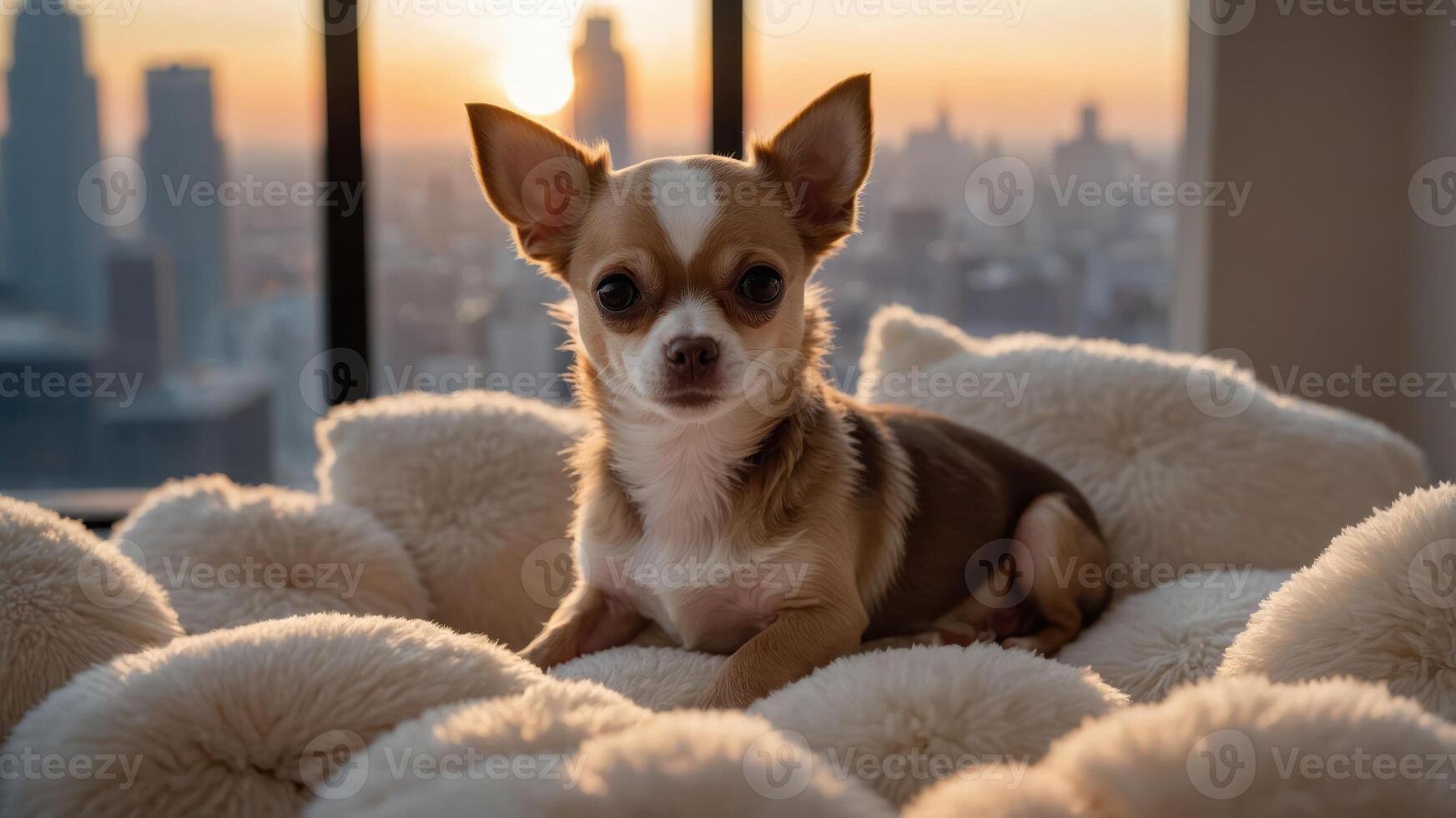 A Chihuahua resting on a fluffy bed with a city skyline at sunset in the background. photo
