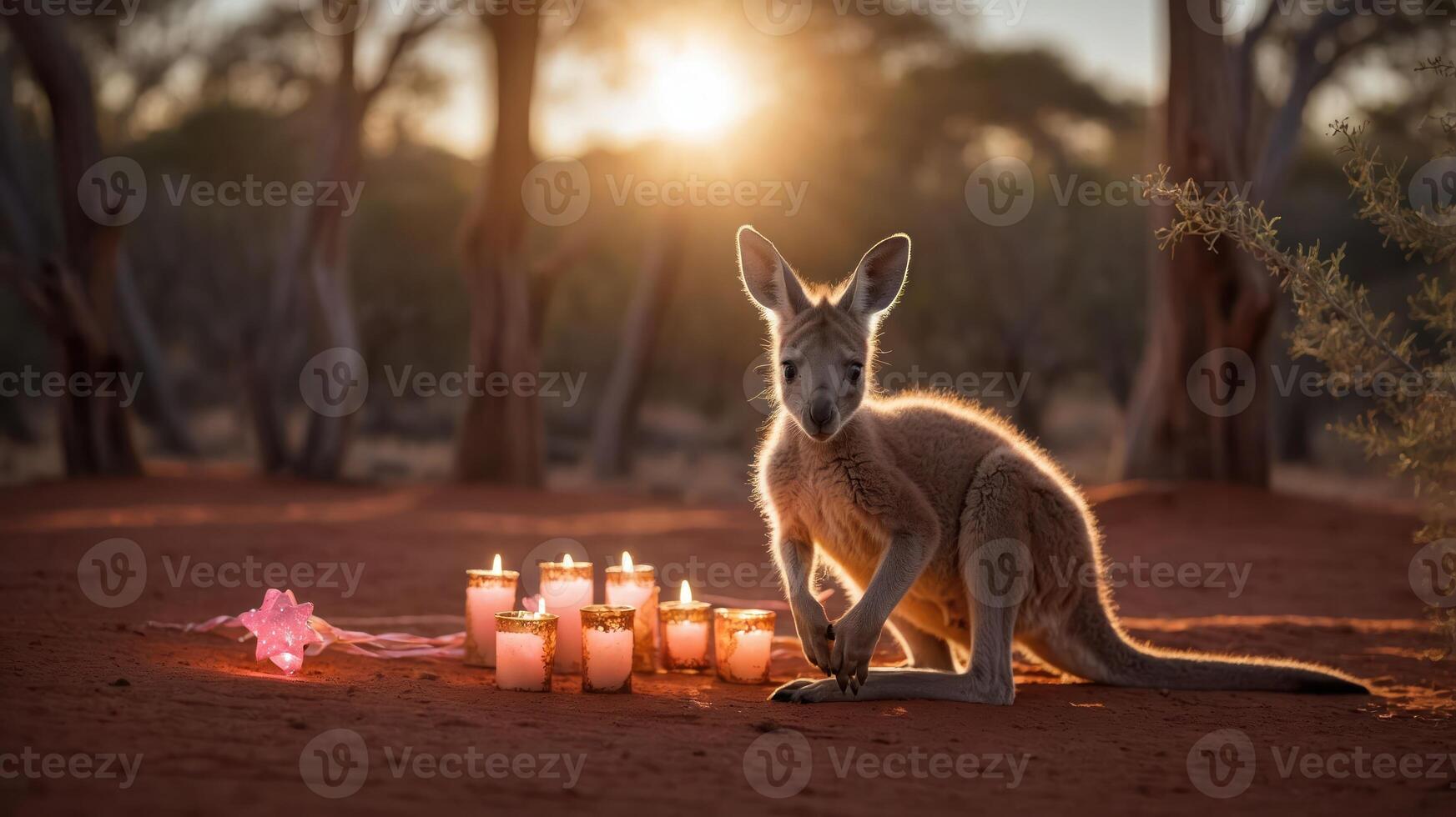 A kangaroo sits near glowing candles at sunset in a serene, natural setting. photo