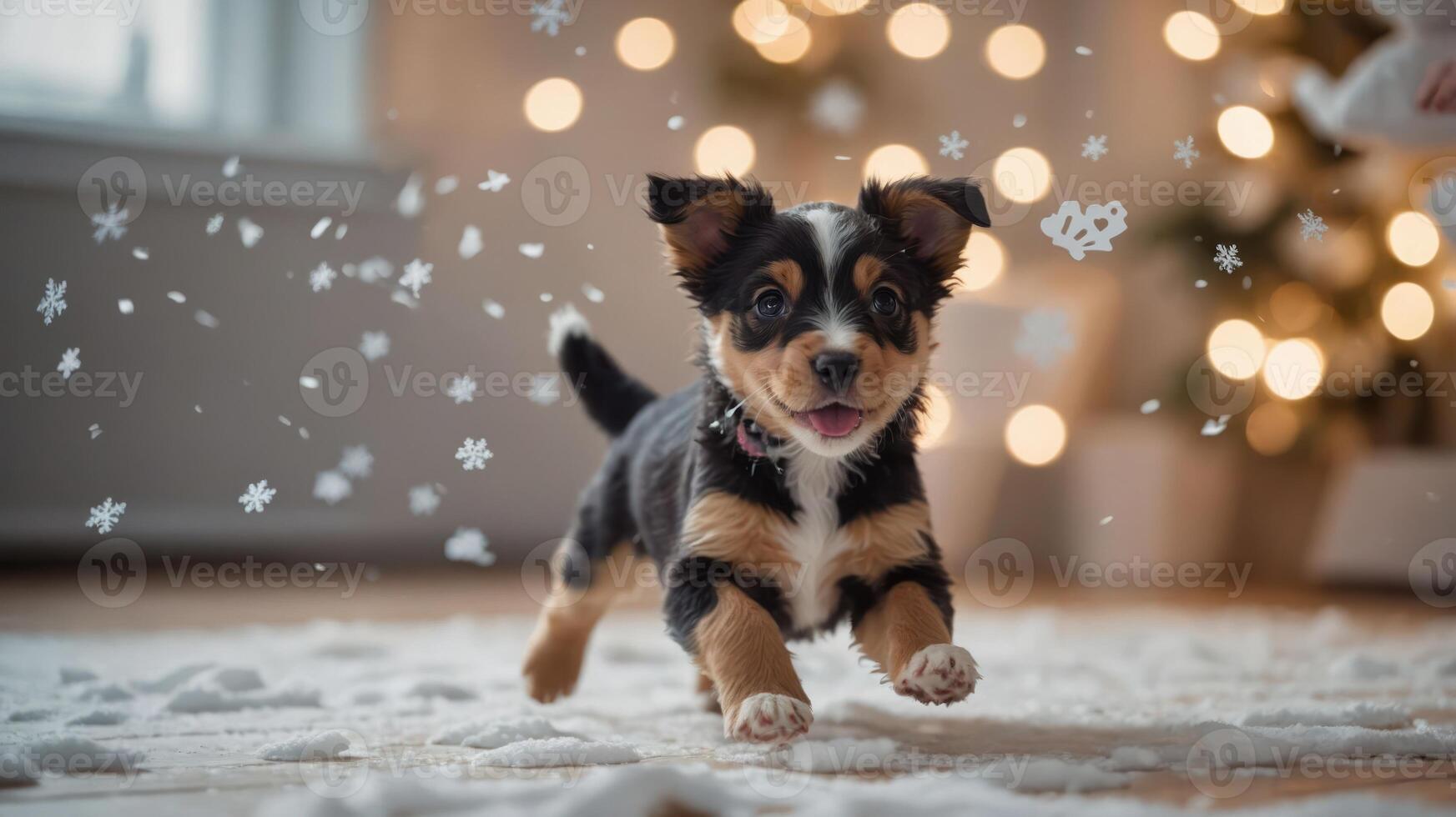 A playful puppy runs through a snowy scene with festive lights in the background. photo