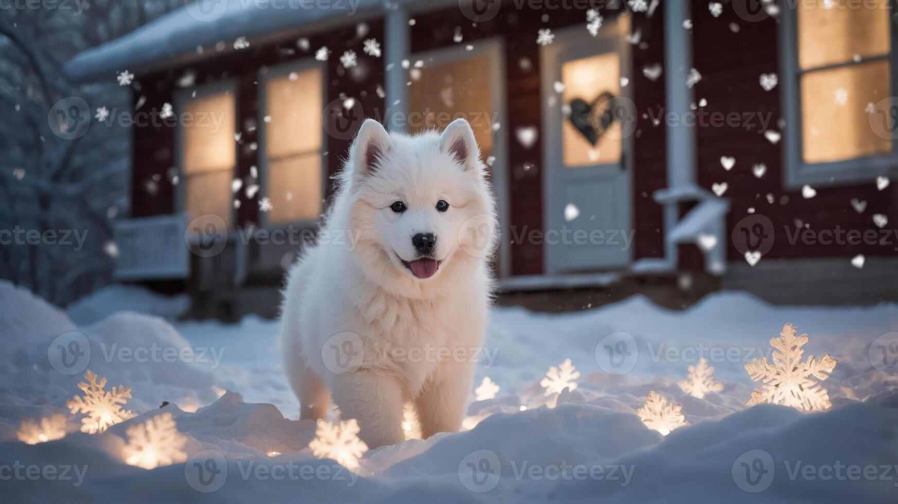 A fluffy white Samoyed dog stands in the snow near a cozy red house, surrounded by lights and snowflakes. photo