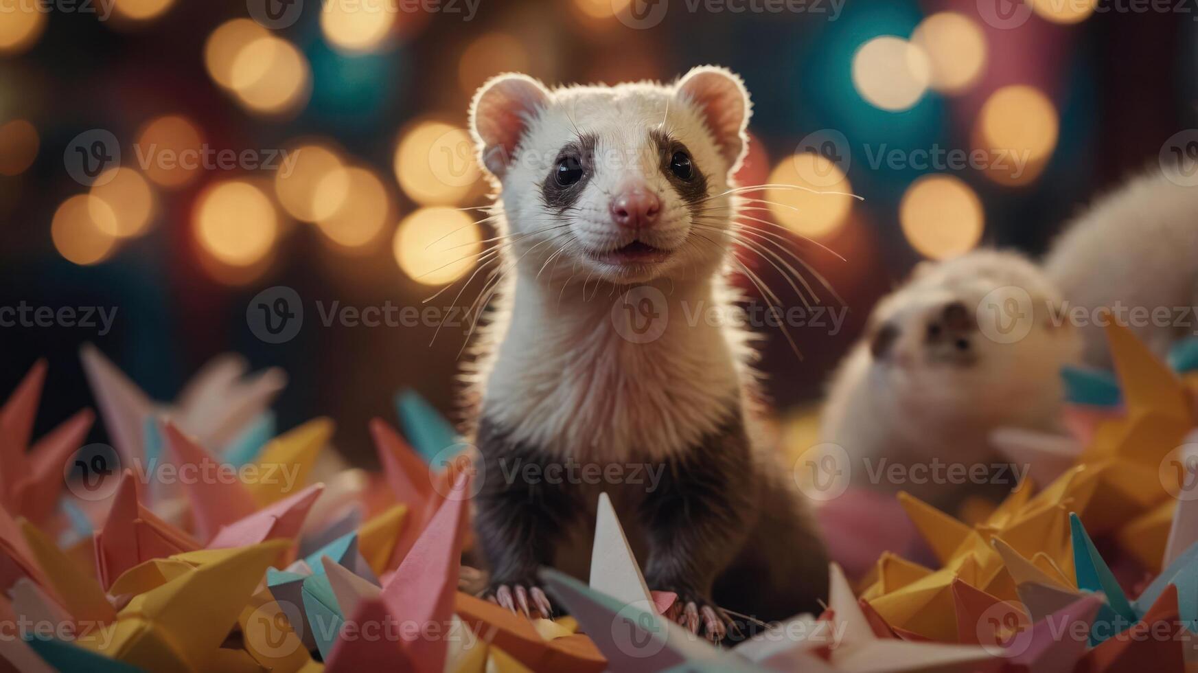 A playful ferret among colorful paper cranes, creating a whimsical atmosphere. photo
