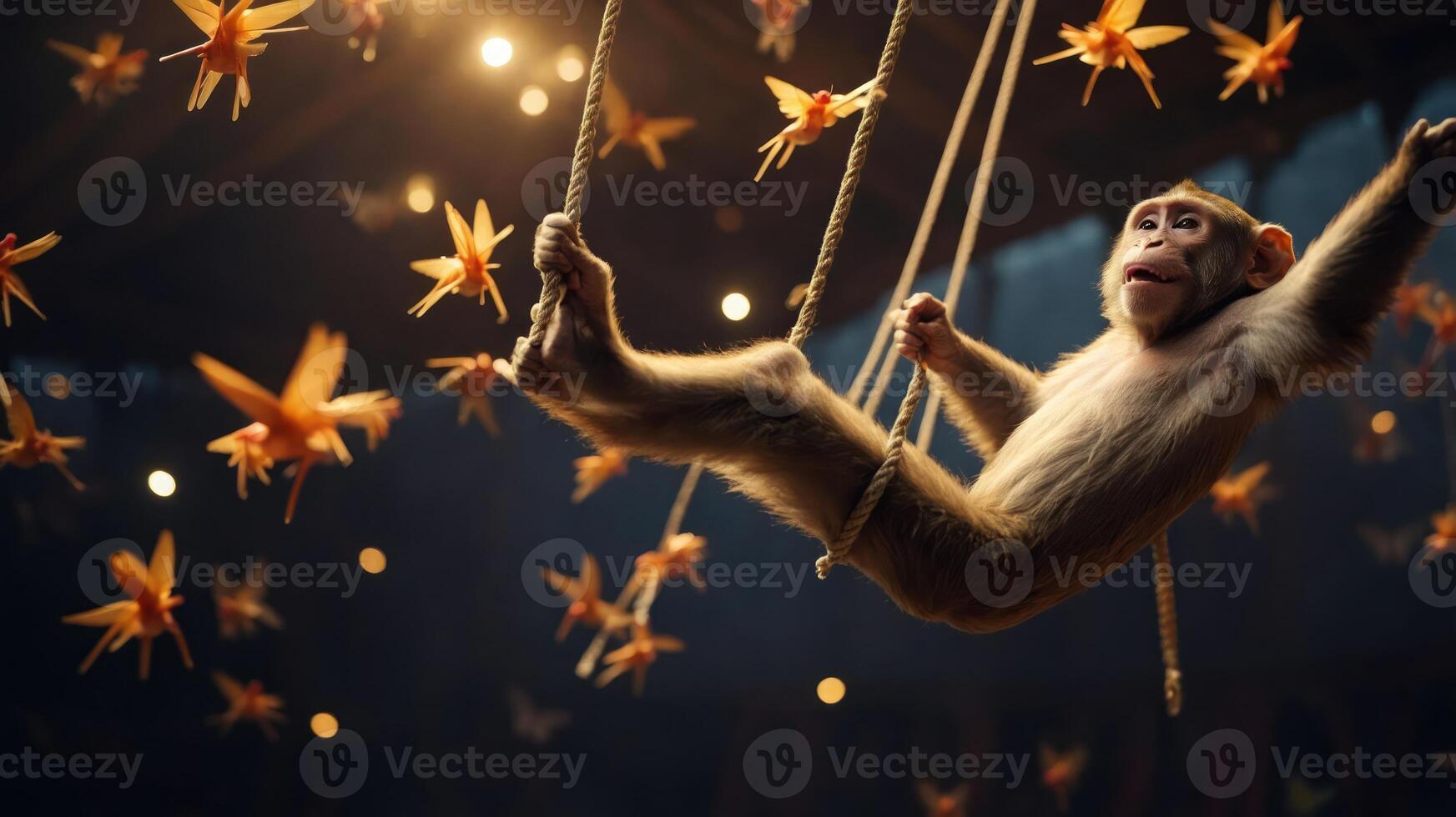 A playful monkey swings amidst colorful butterflies in a whimsical setting. photo