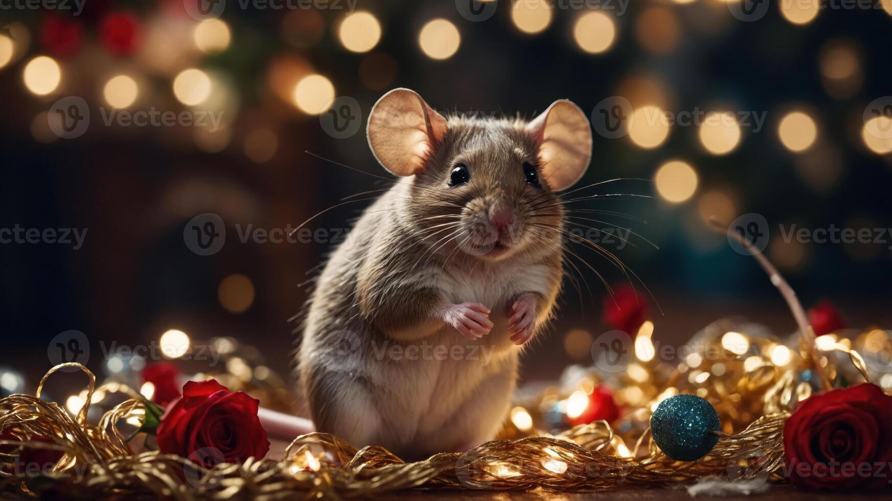 A cute mouse surrounded by festive decorations and lights, evoking a joyful holiday spirit. photo