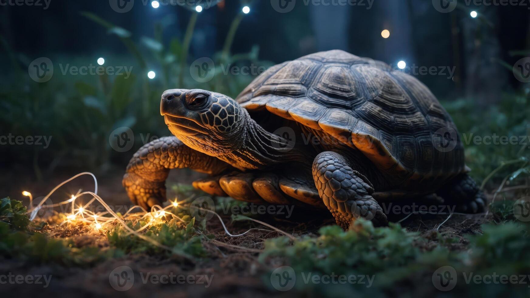 A turtle exploring a garden illuminated by soft lights at night. photo