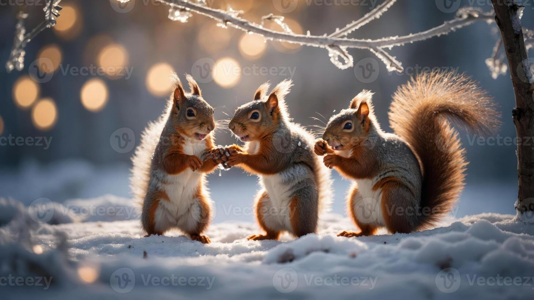 Three squirrels play with a pine cone in a snowy forest, illuminated by soft, glowing lights. photo
