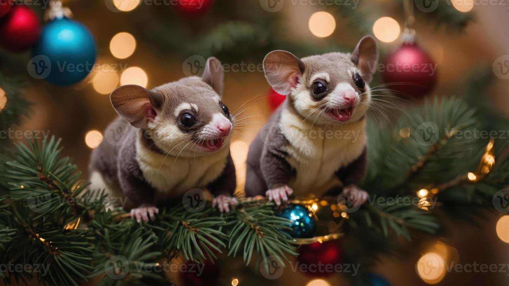 Two cute sugar gliders perched on a Christmas tree branch with festive decorations. photo