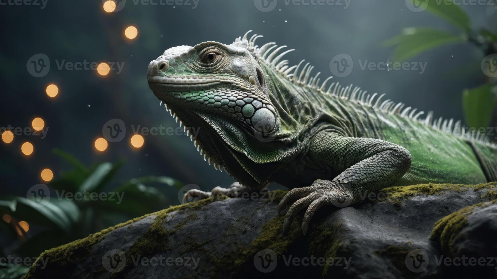A close-up of an iguana resting on a rock amidst a lush, softly lit environment. photo