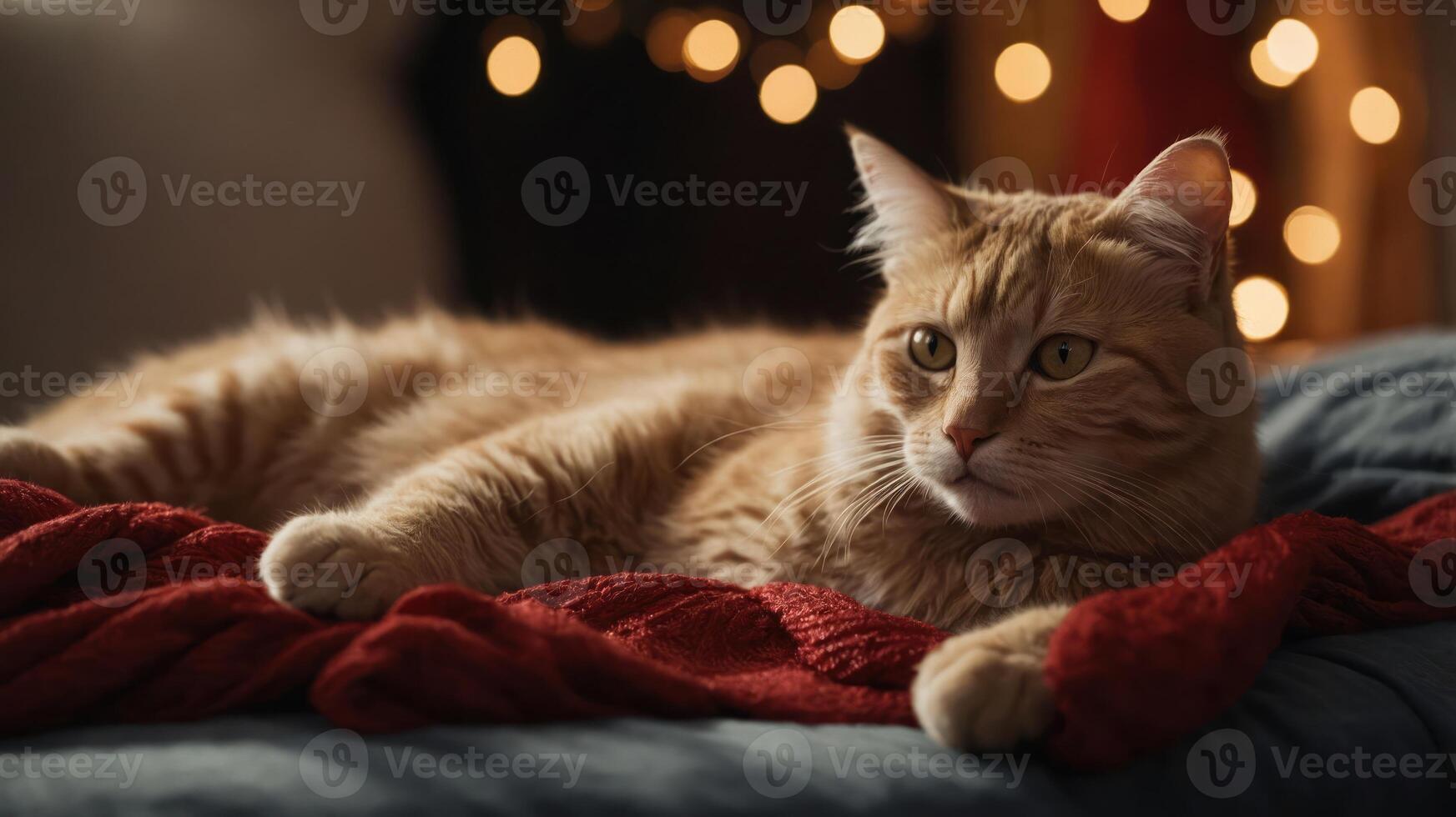 A relaxed orange cat lounging on a cozy blanket with soft bokeh lights in the background. photo
