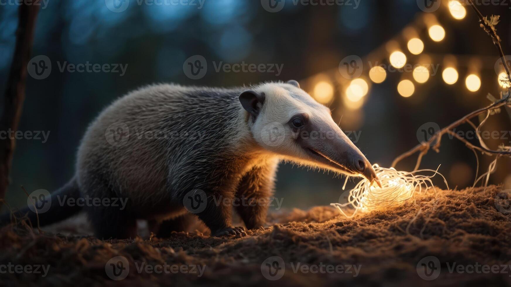 A cute anteater interacts with illuminated twigs in a serene, twilight setting. photo