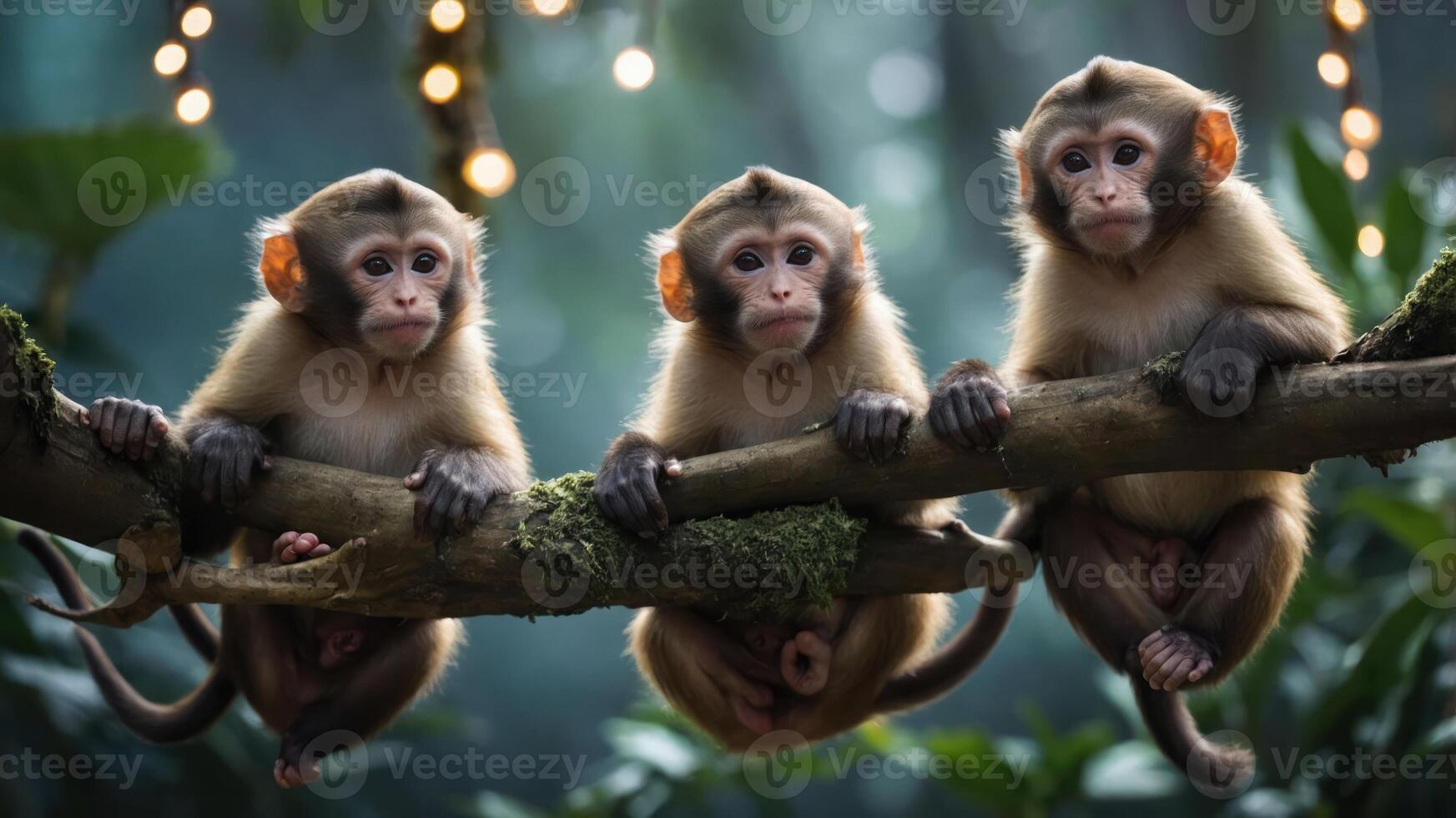 Three monkeys sitting on a branch in a lush, green forest with soft lighting. photo