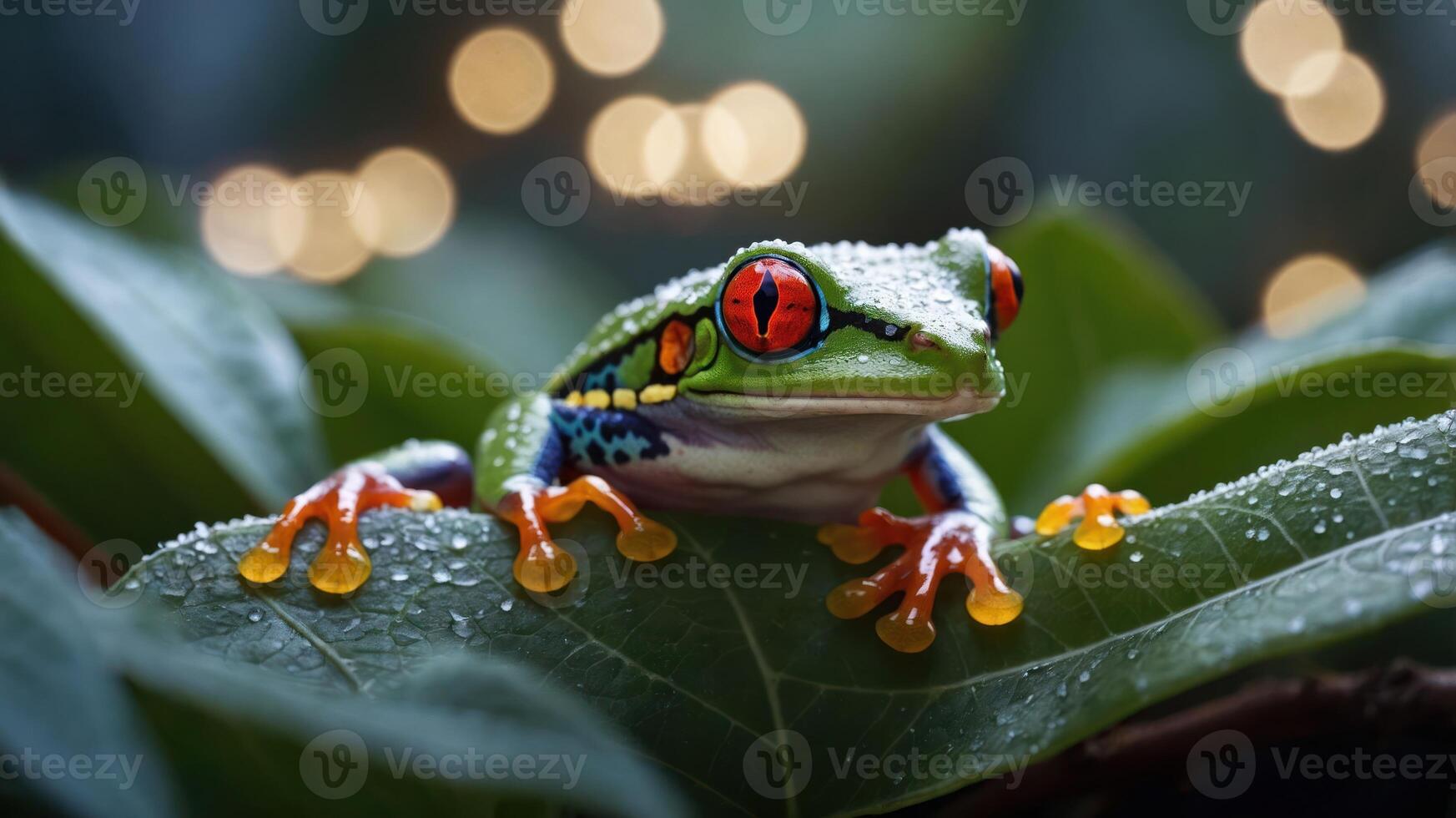A vibrant tree frog perched on a leaf, glistening with dew against a blurred background. photo