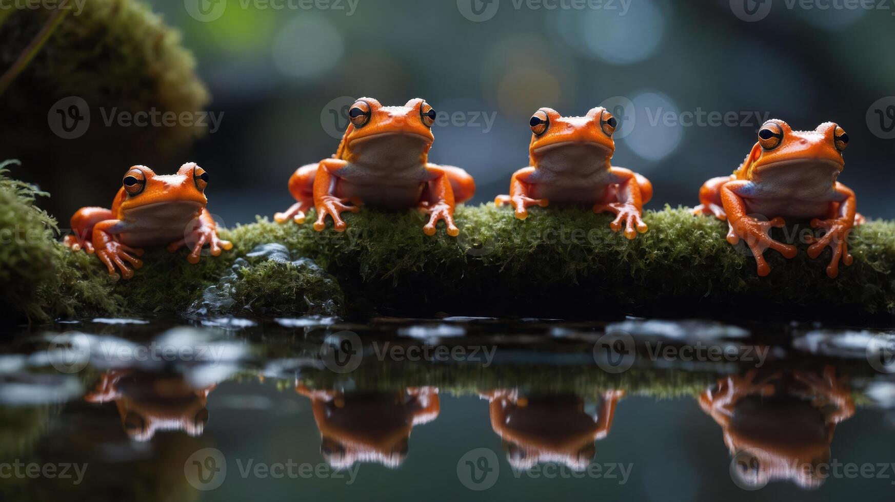 Four vibrant orange frogs perched on a mossy log, reflecting in still water. photo