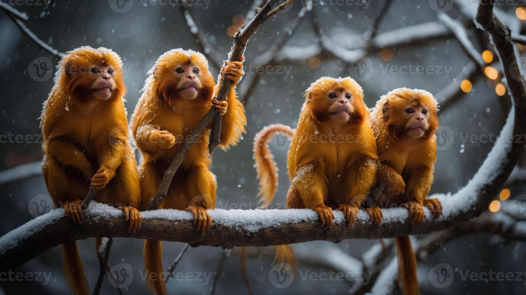 Four golden monkeys perched on a snowy branch, creating a whimsical winter scene. photo
