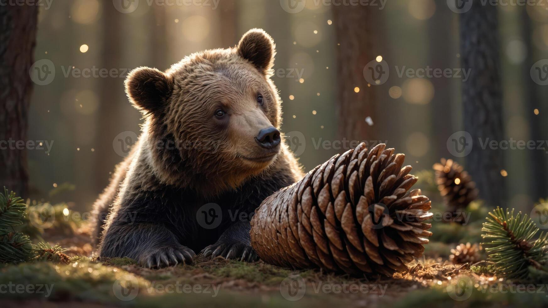 A bear curiously examines a large pine cone in a serene forest setting. photo