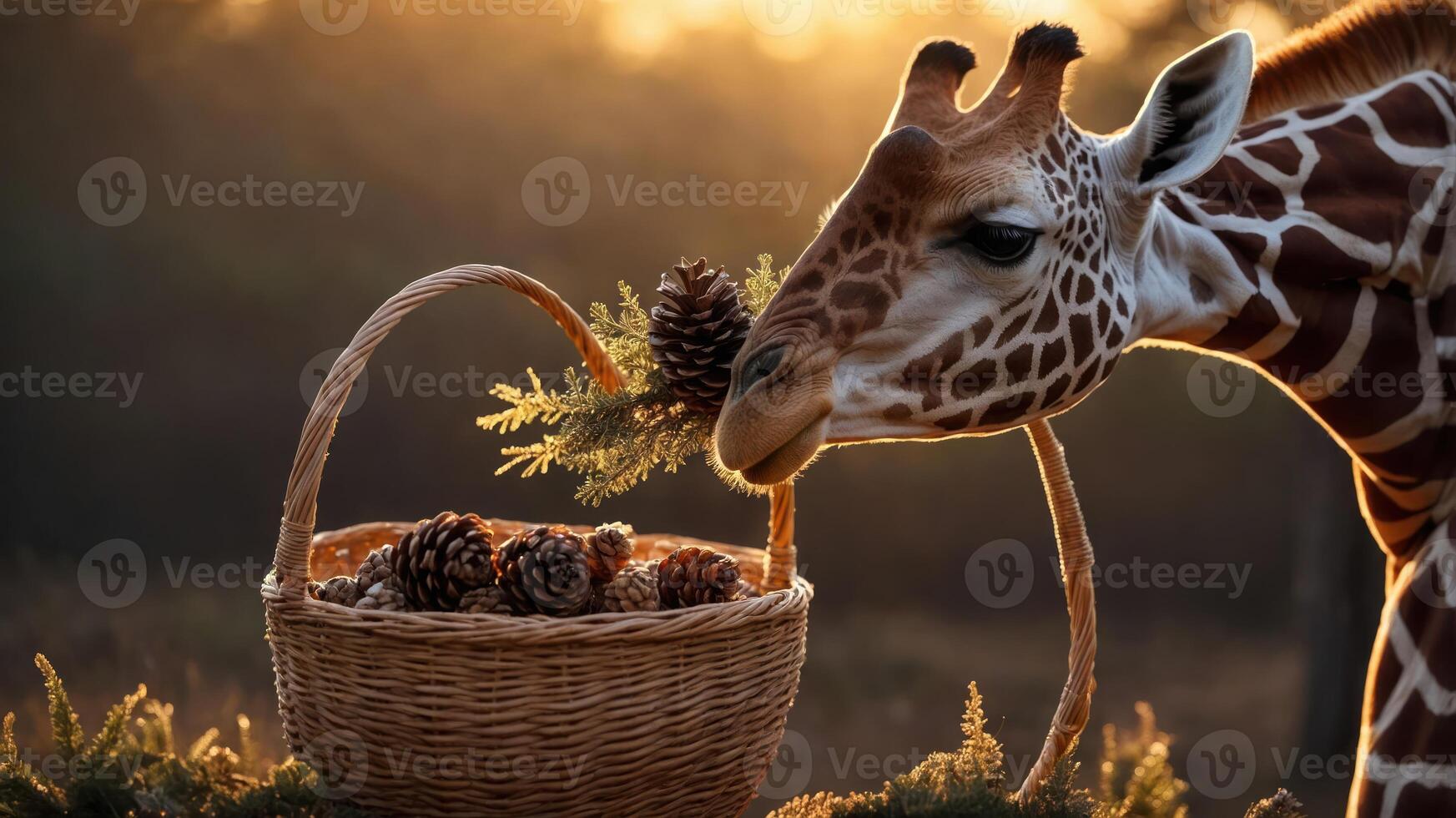A giraffe curiously examines a basket filled with pinecones amidst a serene background. photo