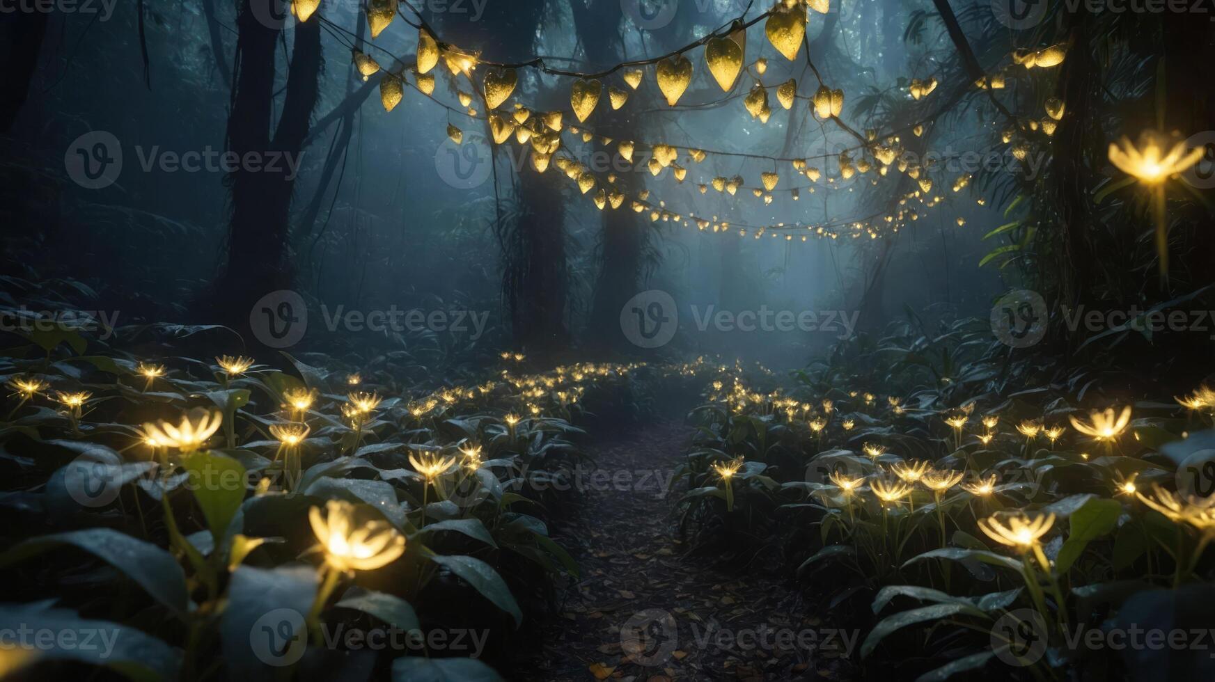 A mystical forest path illuminated by glowing flowers and hanging lights. photo