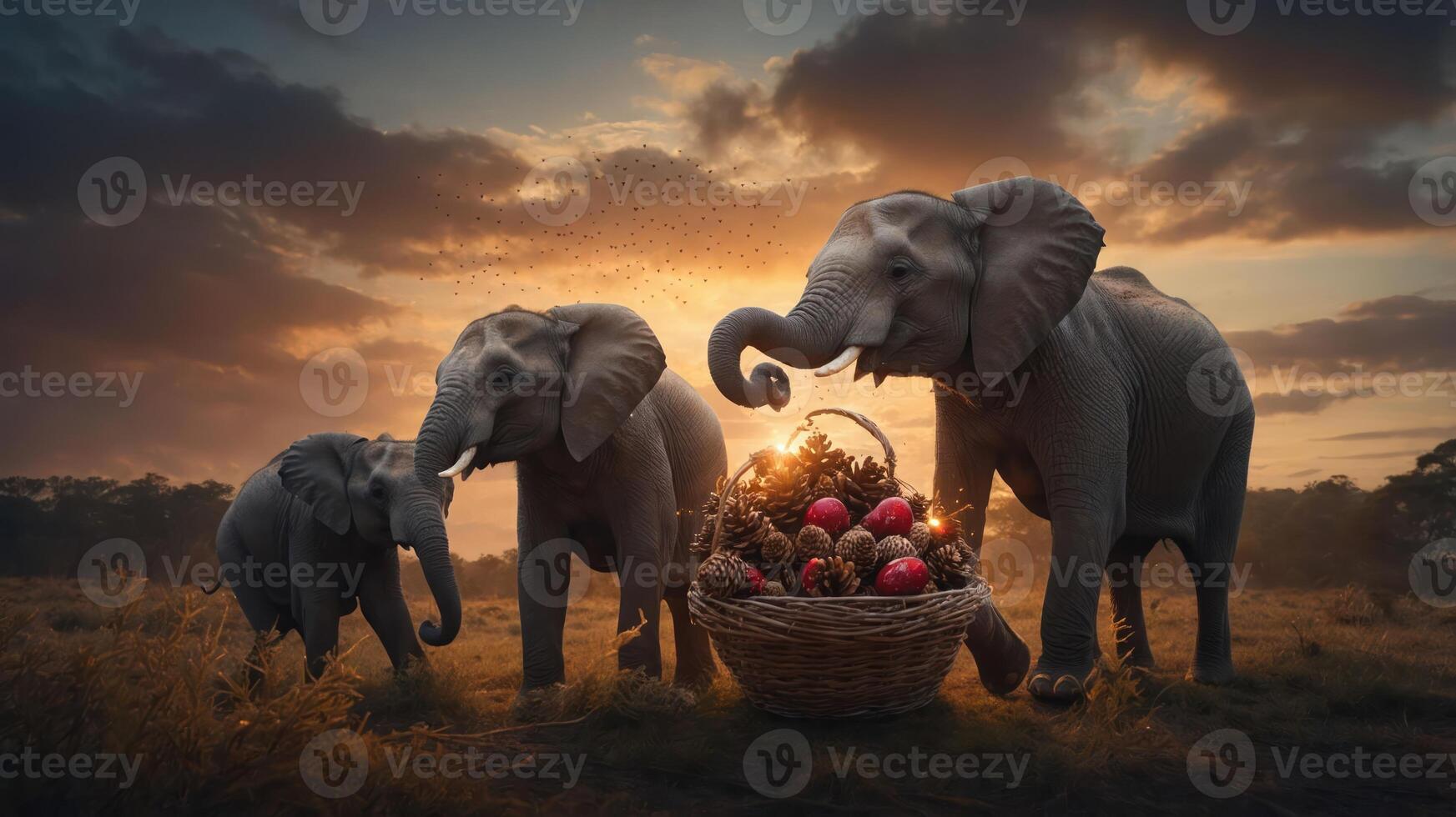Three elephants near a basket of fruits at sunset in a natural setting. photo