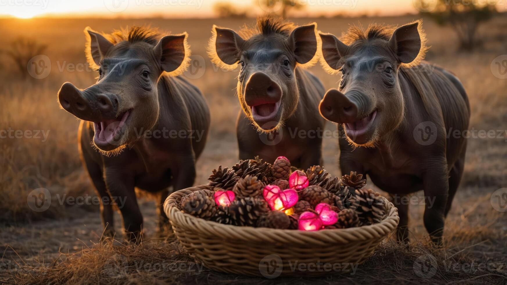 Three happy warthogs beside a basket of pinecones and glowing lights at sunset. photo
