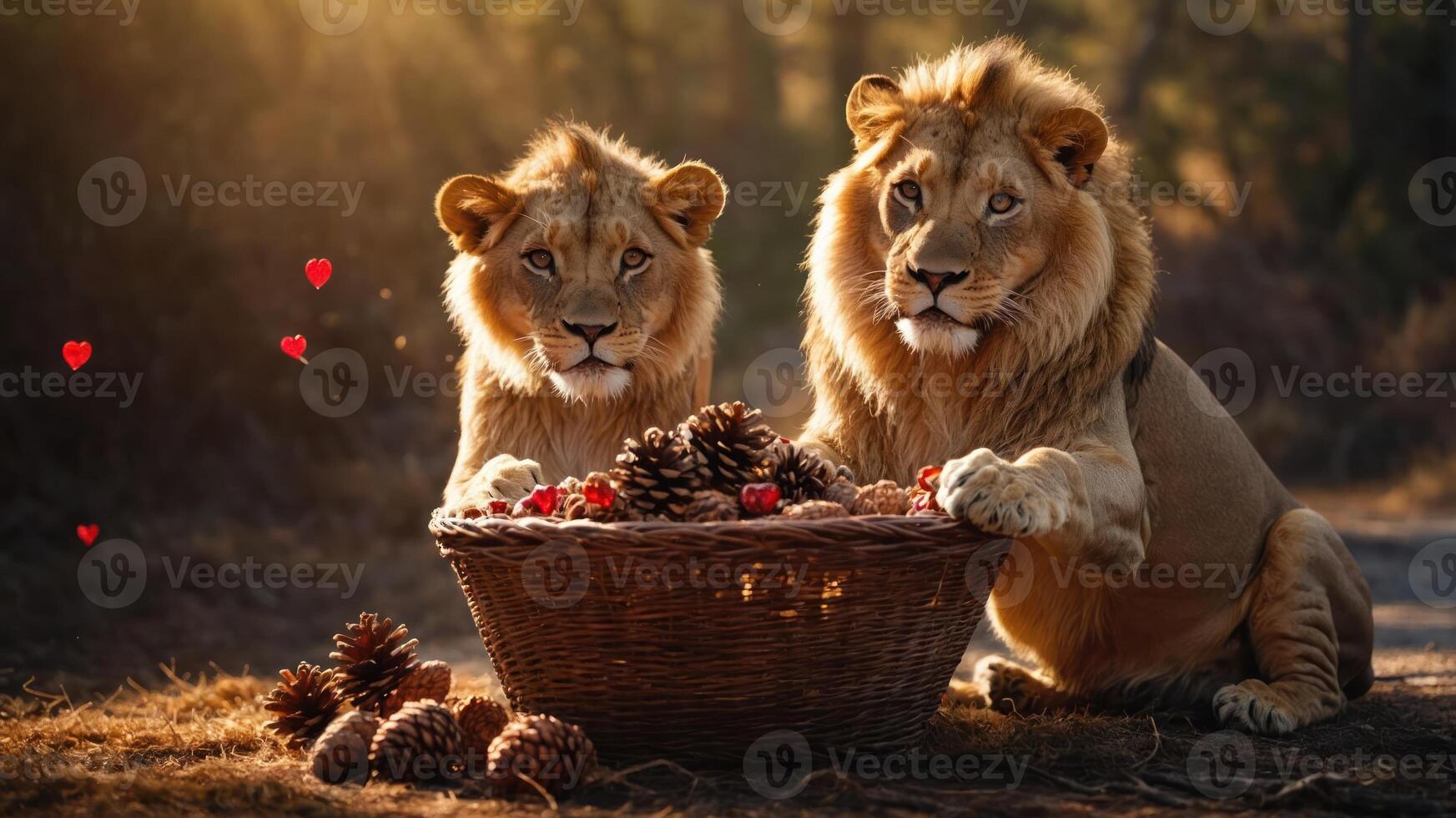 Two lions beside a basket filled with pine cones and red ornaments in a natural setting. photo