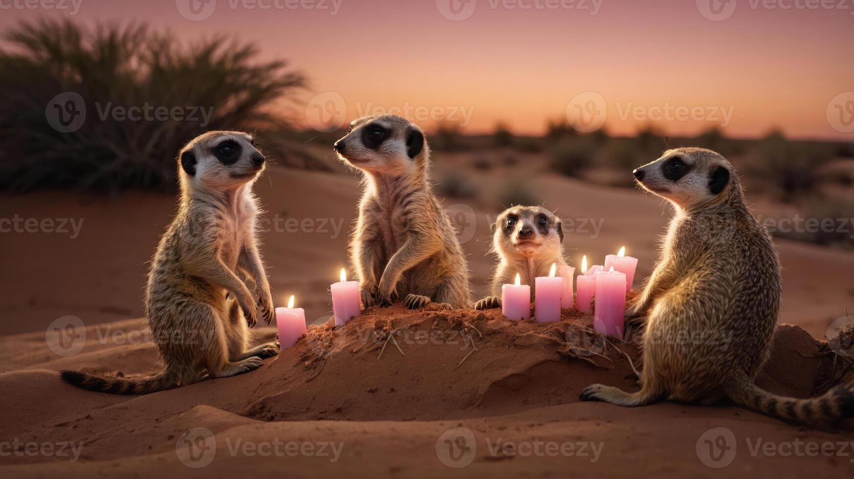 Four meerkats gathered around pink candles in a desert setting at sunset. photo