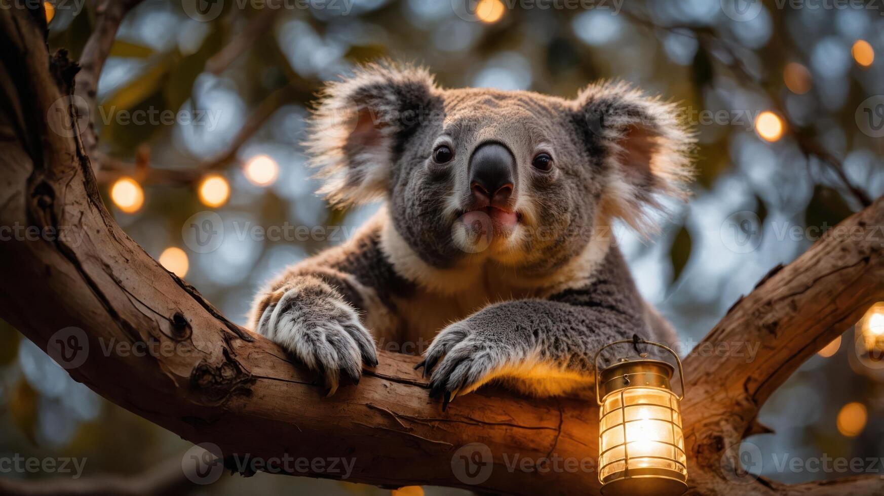 A close-up of a koala perched on a tree branch with soft lighting in the background. photo