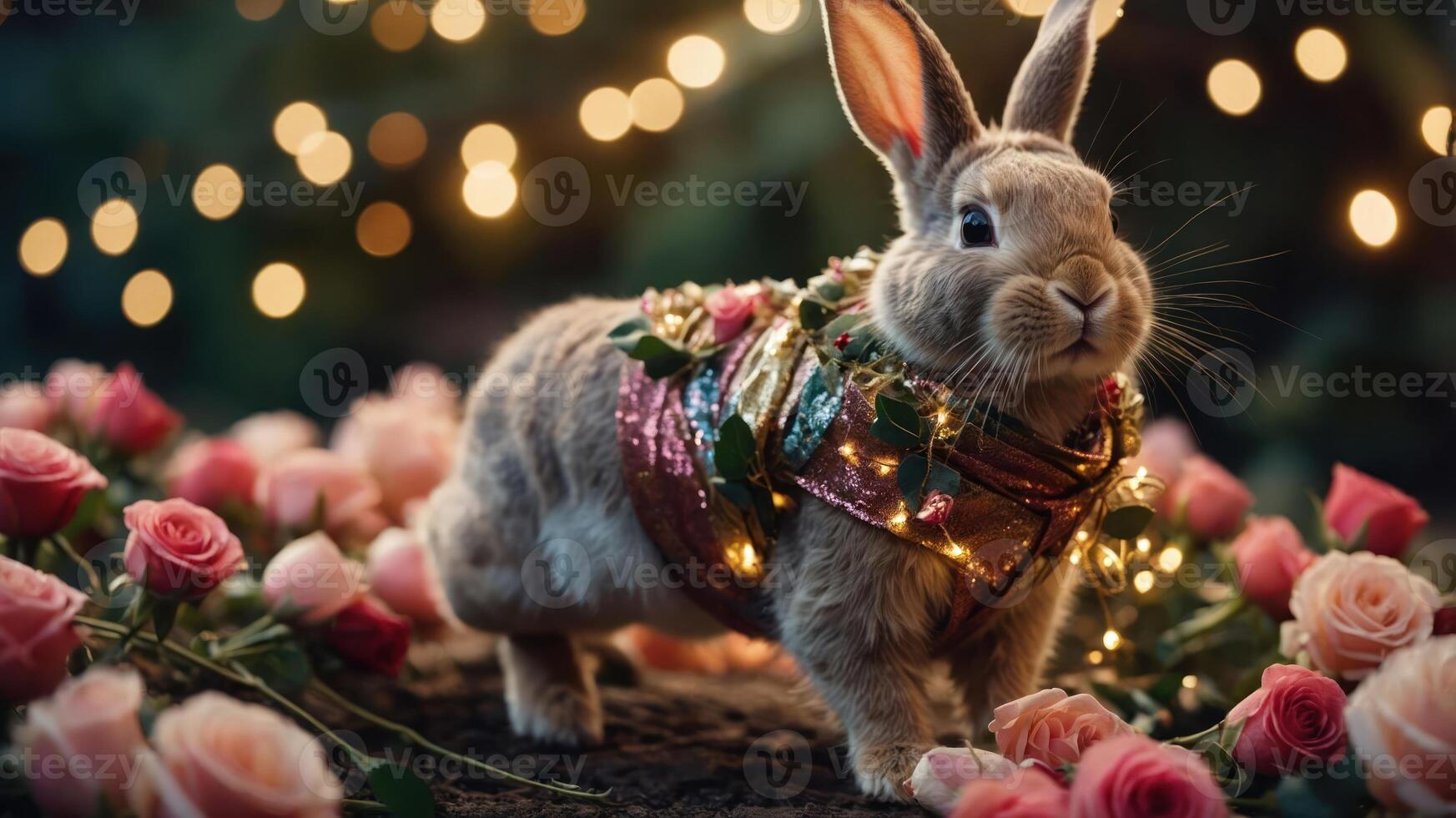 A charming rabbit adorned with flowers and lights, surrounded by roses in a dreamy setting. photo