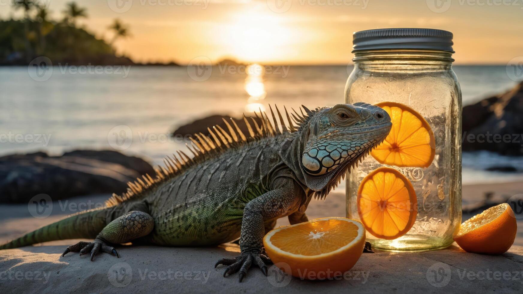 An iguana beside a jar of lemon-infused water on a beach at sunset. photo