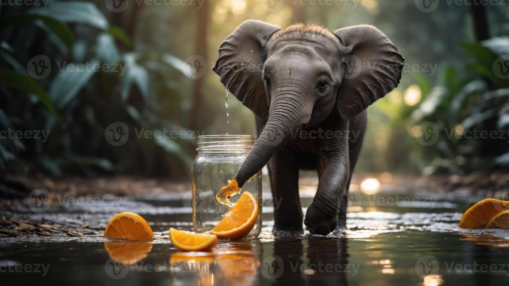 A playful baby elephant interacts with oranges near a tranquil water source in a lush setting. photo