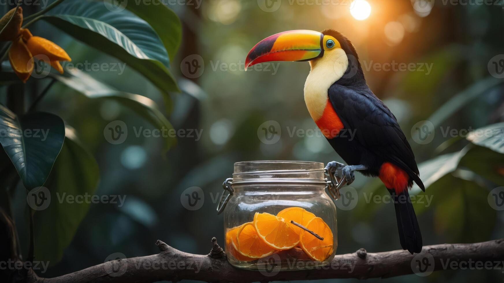 A vibrant toucan perched beside a jar of oranges in a lush, sunlit jungle setting. photo