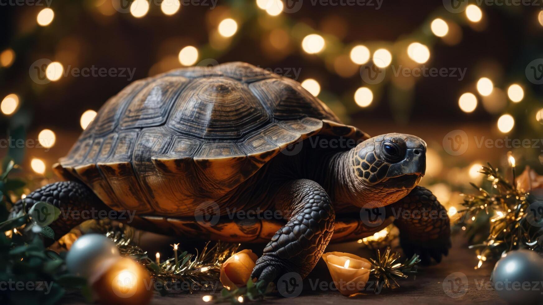 A turtle surrounded by festive decorations and soft lights. photo